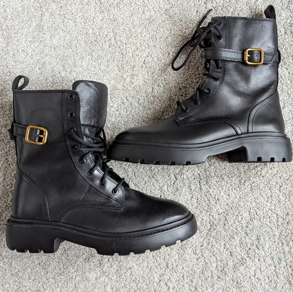 New Zara laced up leather ankle boots with buckle chunky sole - Picture 6 of 10